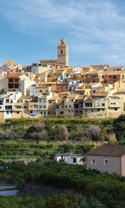 Preview wallpaper tower, buildings, bushes, city