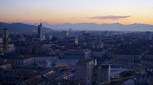 Preview wallpaper tower, buildings, city, sunrise