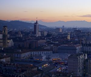 Preview wallpaper tower, buildings, city, sunrise