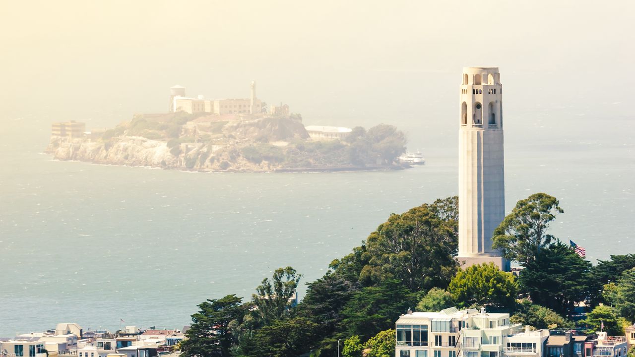 Wallpaper tower, buildings, city, sea, island