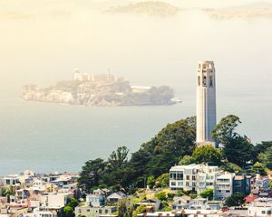 Preview wallpaper tower, buildings, city, sea, island