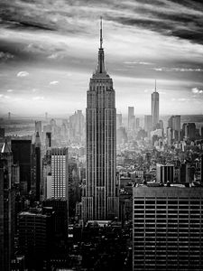 Preview wallpaper tower, buildings, fog, city, black and white
