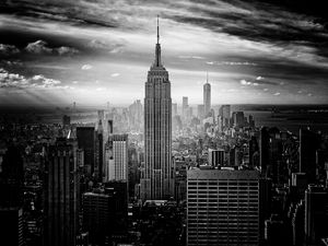 Preview wallpaper tower, buildings, fog, city, black and white