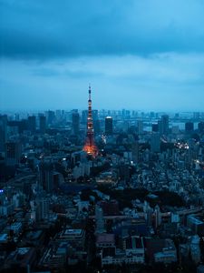 Preview wallpaper tower, buildings, houses, lights, twilight, city