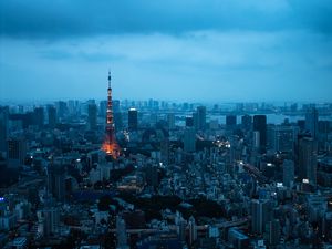 Preview wallpaper tower, buildings, houses, lights, twilight, city