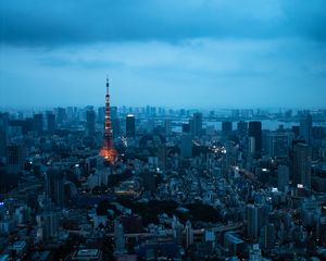 Preview wallpaper tower, buildings, houses, lights, twilight, city
