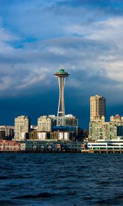 Preview wallpaper tower, buildings, houses, sea, seattle, city