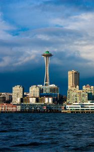 Preview wallpaper tower, buildings, houses, sea, seattle, city