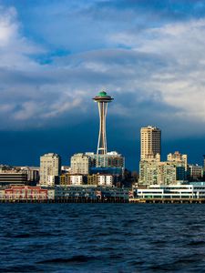 Preview wallpaper tower, buildings, houses, sea, seattle, city