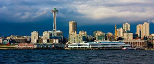 Preview wallpaper tower, buildings, houses, sea, seattle, city