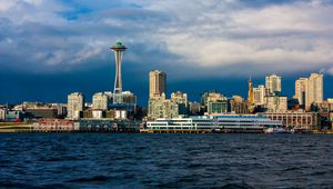 Preview wallpaper tower, buildings, houses, sea, seattle, city