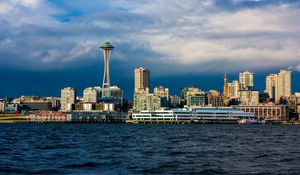 Preview wallpaper tower, buildings, houses, sea, seattle, city