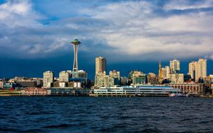 Preview wallpaper tower, buildings, houses, sea, seattle, city