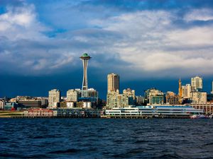 Preview wallpaper tower, buildings, houses, sea, seattle, city