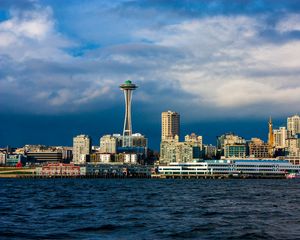 Preview wallpaper tower, buildings, houses, sea, seattle, city