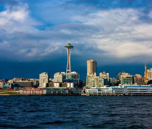 Preview wallpaper tower, buildings, houses, sea, seattle, city