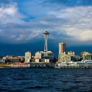 Preview wallpaper tower, buildings, houses, sea, seattle, city