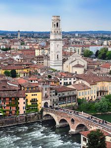 Preview wallpaper tower, buildings, houses, bridge, architecture, river, city