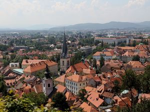 Preview wallpaper tower, buildings, houses, roofs, city, ljubljana, slovenia