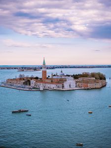 Preview wallpaper tower, buildings, island, yachts, sea