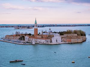 Preview wallpaper tower, buildings, island, yachts, sea