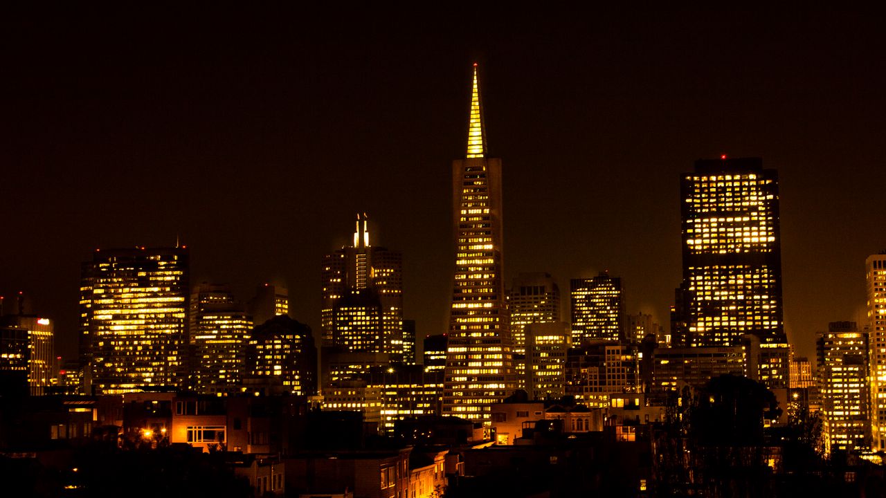 Wallpaper tower, buildings, lights, night, city