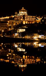 Preview wallpaper tower, buildings, lights, water, reflection, night