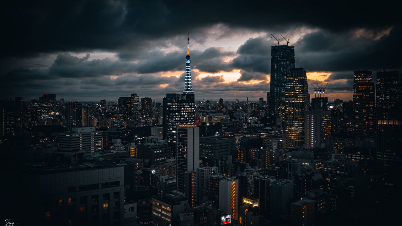 Wallpaper tower, buildings, lights, city, twilight, clouds