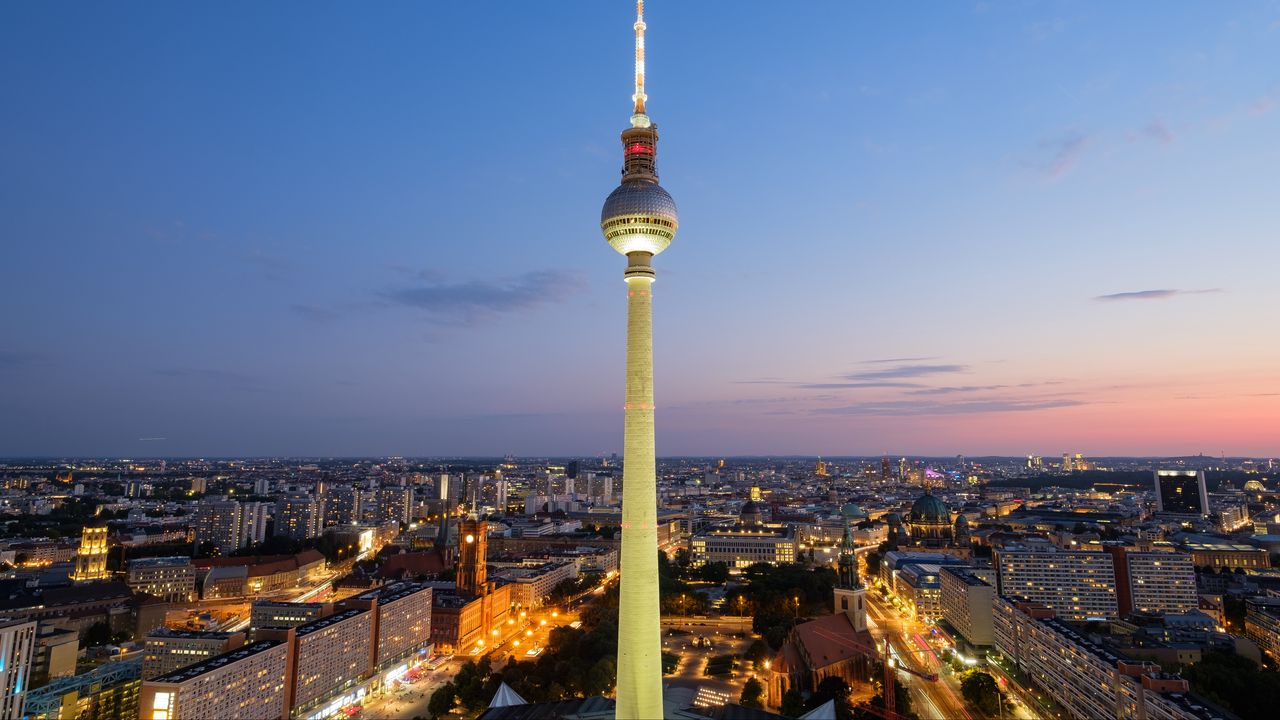 Wallpaper tower, buildings, lights, city, berlin, germany