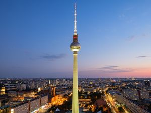 Preview wallpaper tower, buildings, lights, city, berlin, germany