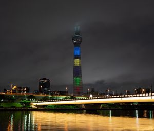 Preview wallpaper tower, buildings, night city, architecture, lights