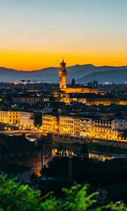 Preview wallpaper tower, buildings, river, city, evening, trees