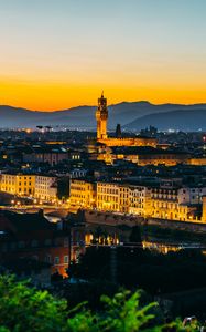 Preview wallpaper tower, buildings, river, city, evening, trees