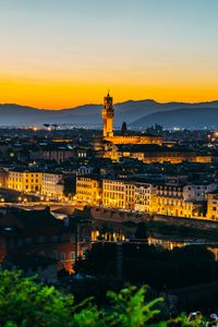 Preview wallpaper tower, buildings, river, city, evening, trees