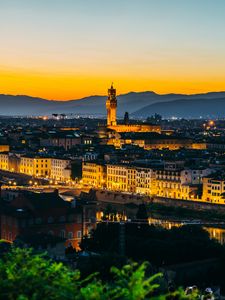 Preview wallpaper tower, buildings, river, city, evening, trees