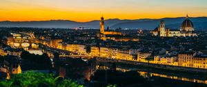 Preview wallpaper tower, buildings, river, city, evening, trees
