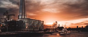 Preview wallpaper tower, buildings, river, embankment, city