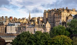 Preview wallpaper tower, buildings, roofs, architecture, trees, city