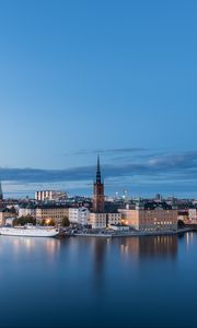 Preview wallpaper tower, buildings, ship, river, lights, city, twilight