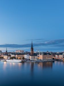 Preview wallpaper tower, buildings, ship, river, lights, city, twilight