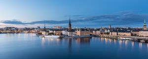 Preview wallpaper tower, buildings, ship, river, lights, city, twilight