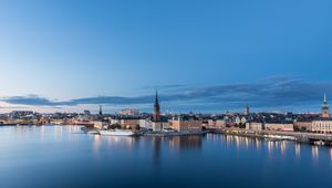 Preview wallpaper tower, buildings, ship, river, lights, city, twilight