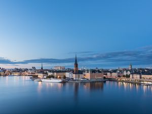 Preview wallpaper tower, buildings, ship, river, lights, city, twilight