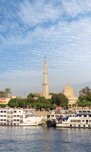 Preview wallpaper tower, buildings, ships, sea, sky