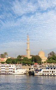 Preview wallpaper tower, buildings, ships, sea, sky