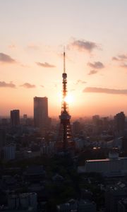 Preview wallpaper tower, buildings, sunrise, sky, city