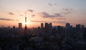 Preview wallpaper tower, buildings, sunrise, sky, city