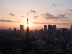 Preview wallpaper tower, buildings, sunrise, sky, city