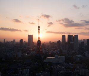 Preview wallpaper tower, buildings, sunrise, sky, city