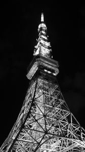 Preview wallpaper tower, bw, night, lights, design, architecture